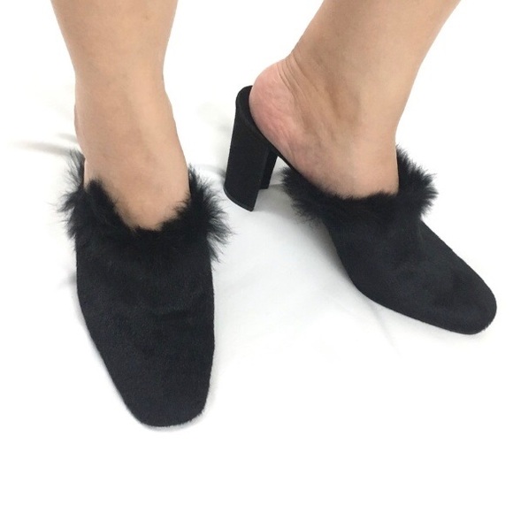 STUART WEITZMAN 5W 47312 Black Calf Hair Fur Slip On Heeled Mules Size 8.5 - Picture 3 of 16